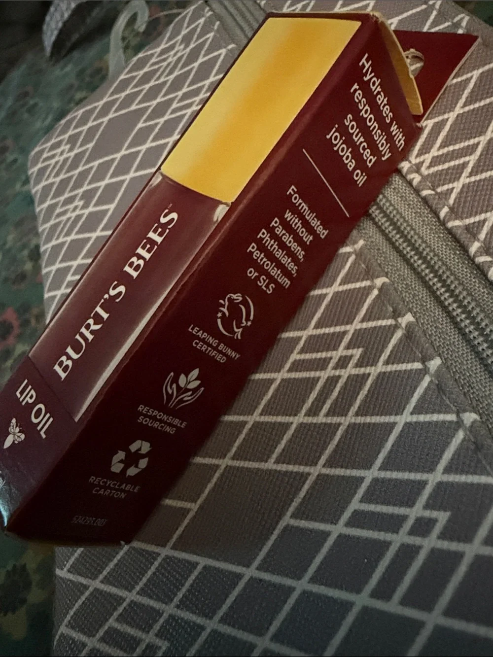 Burt's Bees Lip Oil, Pink Tweezers & Gray Patterned Cosmetic Pouch